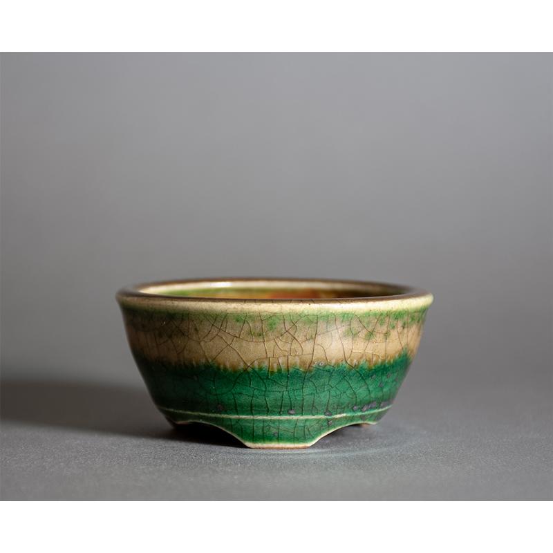 ミニ盆栽鉢 織部釉 丸盆栽鉢 小さな盆栽鉢 國井正子盆栽鉢 盆栽鉢作家