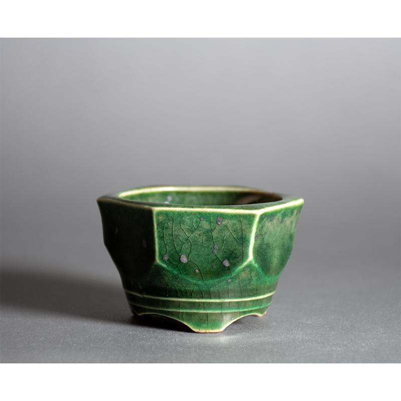 ミニ盆栽鉢　織部釉 六角盆栽鉢　小さな盆栽鉢　國井正子盆栽鉢　盆栽鉢作家　p1454 | 