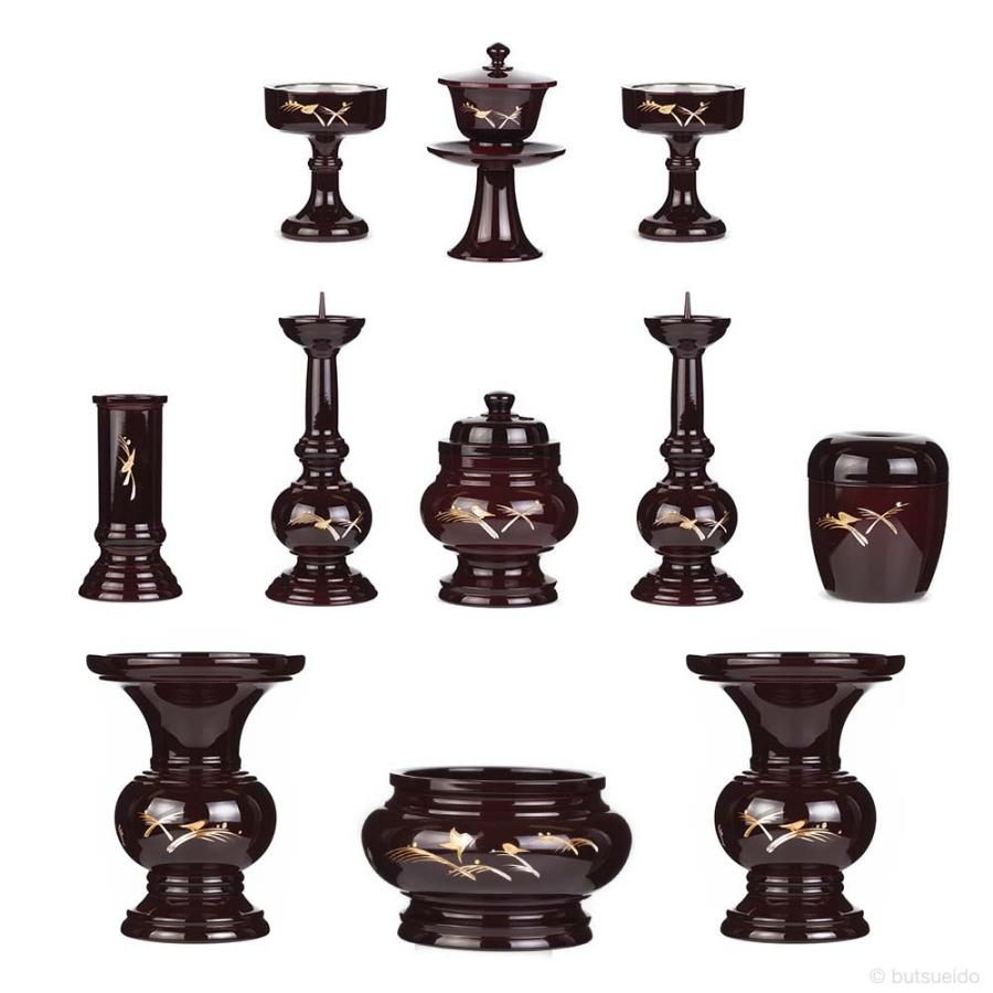 仏具・丸型 十一具足 タメ色 水鳥彫（5寸）【メーカー取寄品】 : 仏壇 