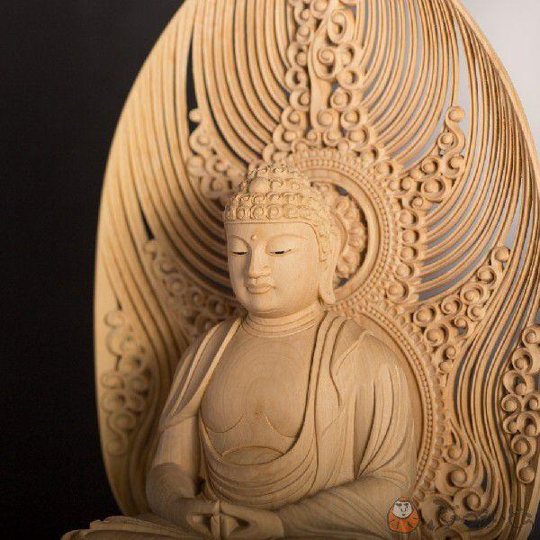 仏像 阿弥陀如来 3.0寸 柘植 八角台座 座弥陀 水煙光背 : 仏壇・仏具の
