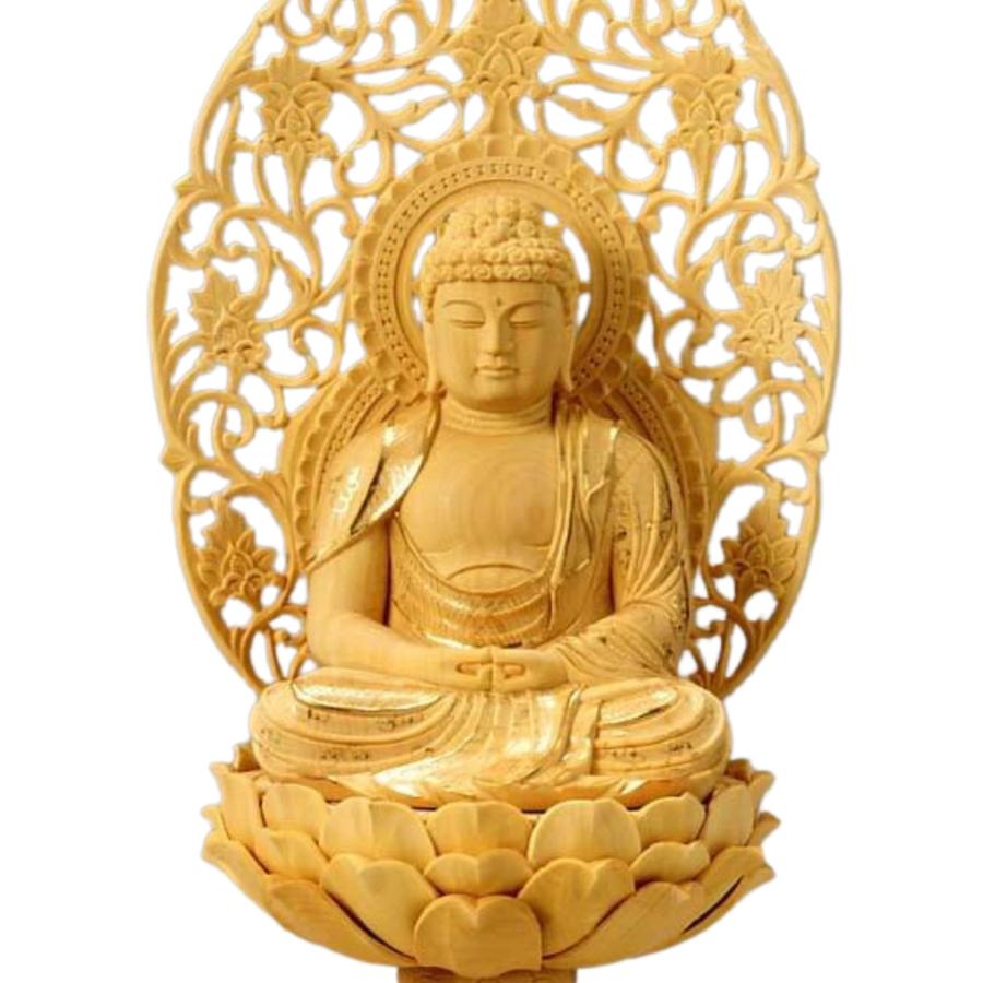 仏像 柘植 丸台座(蓮華) 座弥陀 唐草光背 金泥有 3.0寸 : 仏壇・仏具の