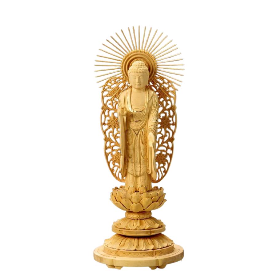 仏像 柘植 丸台座(蓮華) 西立弥陀 櫛唐草光背 金泥有 6.0寸 : 仏壇