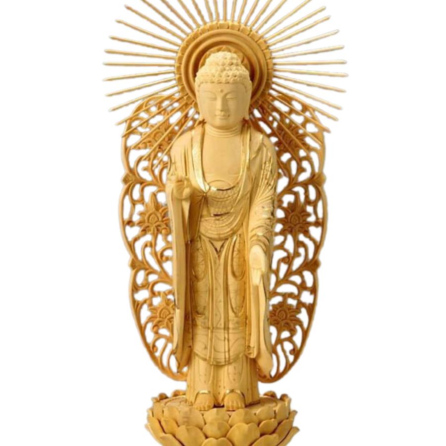 光背(3.5寸坐像用)#420 透し彫 宝相華唐草 ◆白檀 木彫 仏像付属品 仏像 柘植 丸台座(蓮華) 西立弥陀 櫛唐草光背 金泥有 6.0寸 : 仏壇