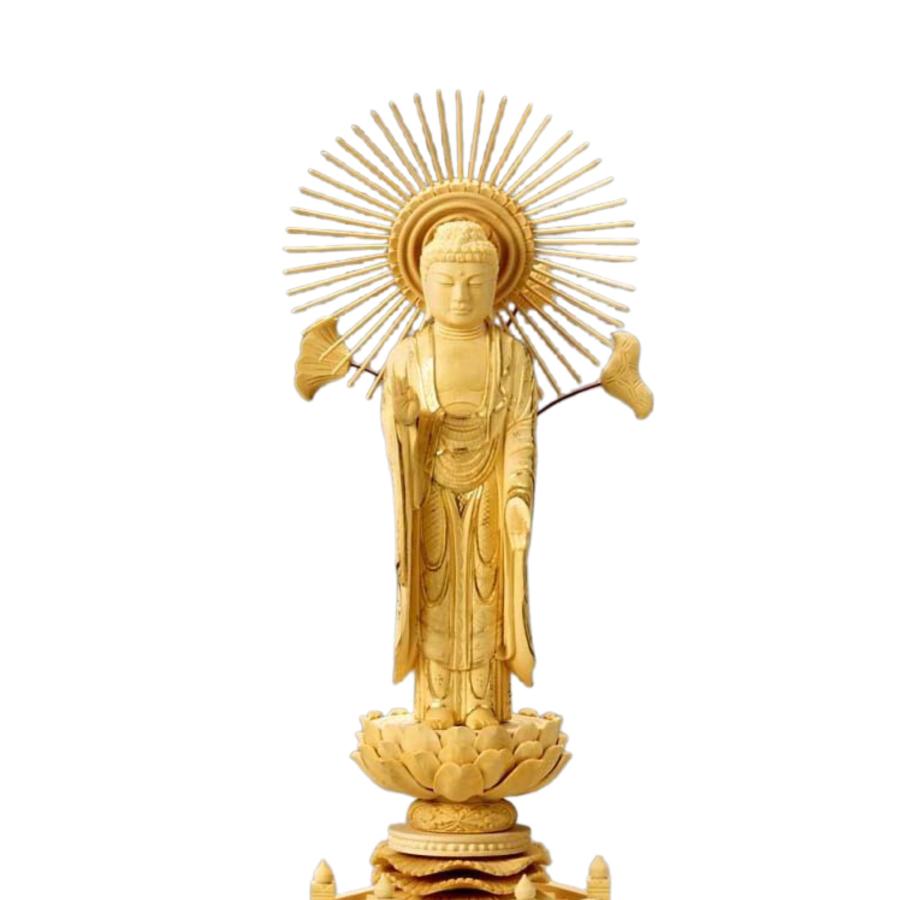仏像 柘植 六角台座 東立弥陀 櫛蓮華光背 金泥有 5.0寸 爆買_2
