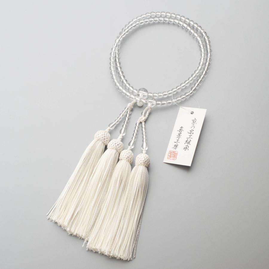 数珠 女性用 二連 本水晶丸玉5mm 108玉 共 正絹蛍房 白に銀糸 京念珠