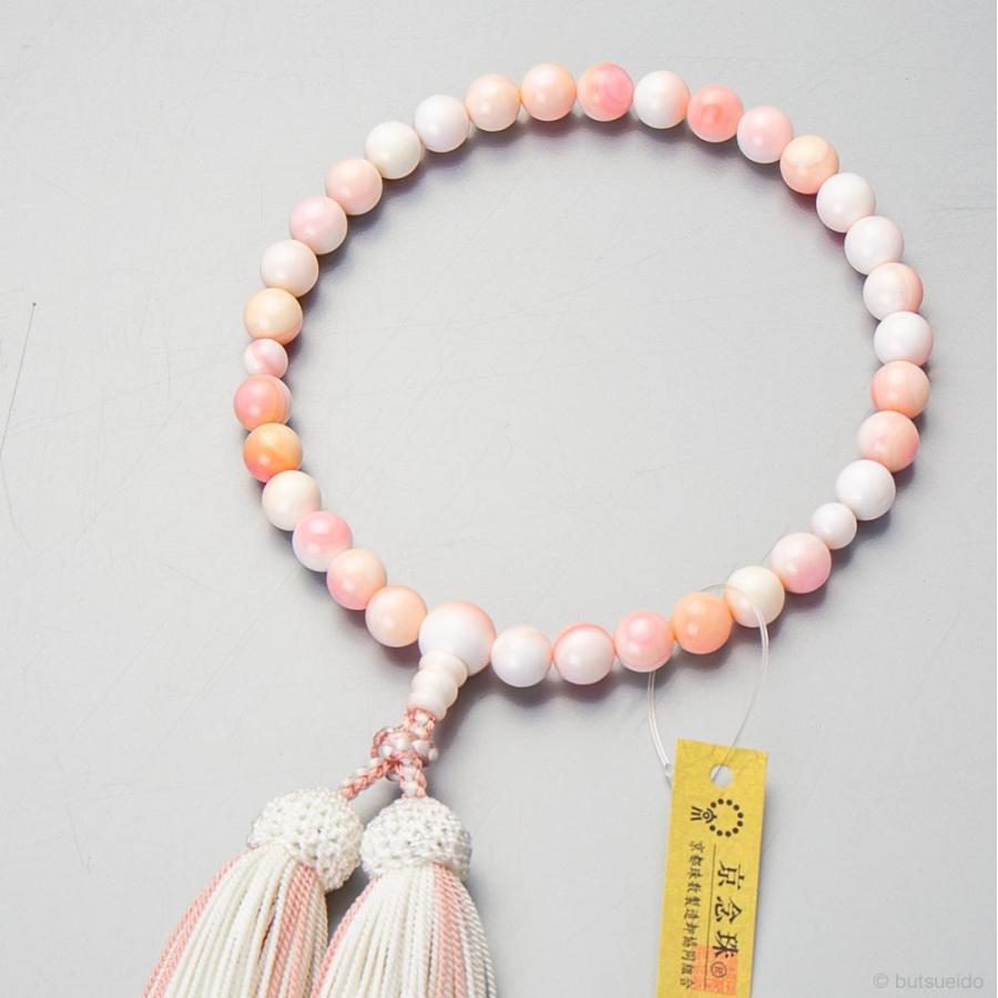 数珠 女性用 クィーンコンクシェル8mm 共 上 正絹蛍房（白 灰桜） 京