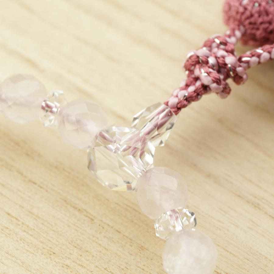 京念珠　本水晶　紅水晶入り　正絹房 大特価京念珠◇女性用数珠 本水晶 紅水晶仕立 8mm玉【数珠袋付き