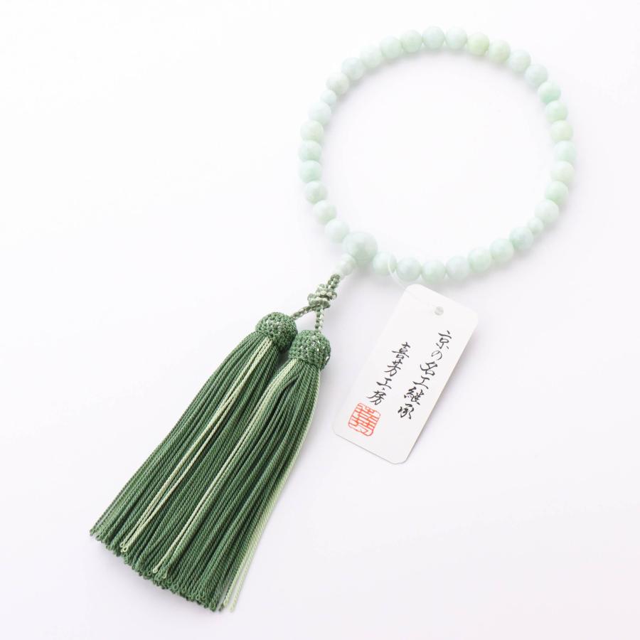 数珠 女性用 ビルマ翡翠8mm 共 正絹蛍房（薄緑に白） 京念珠 : 仏壇