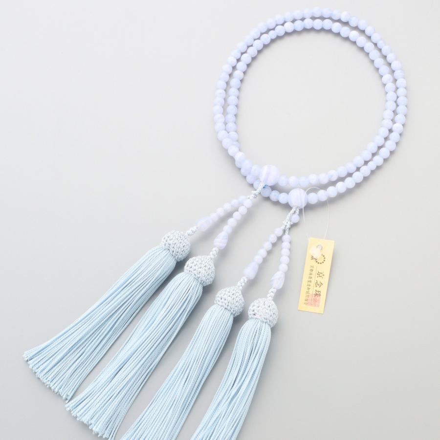 数珠 女性用 二連 ブルーレース瑪瑙5mm 共 正絹房 京念珠 : 仏壇・仏具
