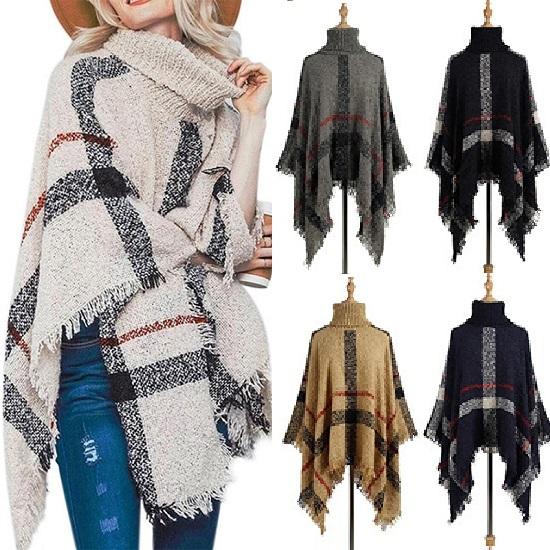 超歓迎された ポンチョ風 ニット 5カラー フリンジ チェック かぶりタイプ 秋冬