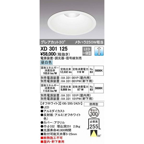 オーデリック XD301125 LEDダウンライト 屋内屋外兼用（昼白色）