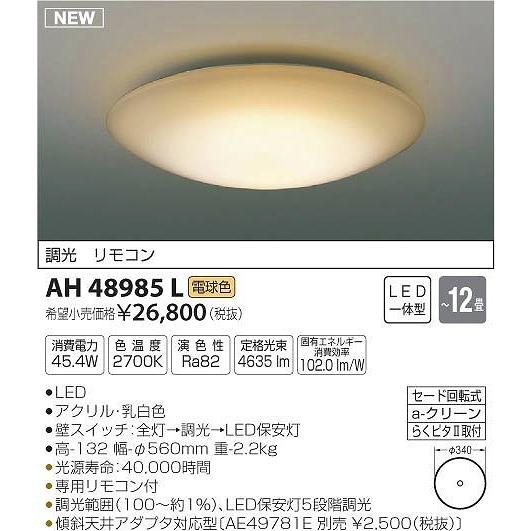 【海外 正規品】 コイズミ AH48985L シーリングライト 〜12畳 LED（電球色） シーリングライト