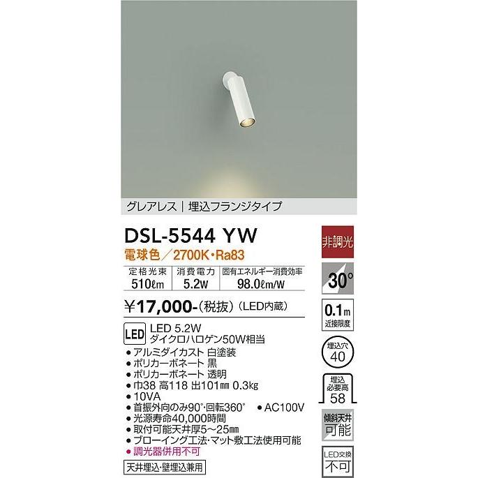 大光電機 DSL-5544YW ダイコー スポットライト 白 LED（電球色） 広角 