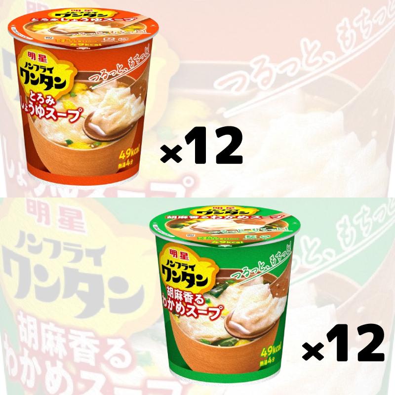 明星食品 明星 ノンフライワンタン スープ 14g カップ 2種各12個セット
