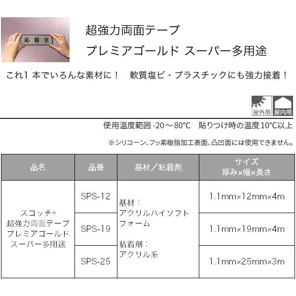 Scotch 超強力 両面テープ プレミアゴールド スーパー多用途 平滑面用 SPS-19 3M 幅19mm 長さ4m 厚み1.1mm M4｜e-daiku｜02