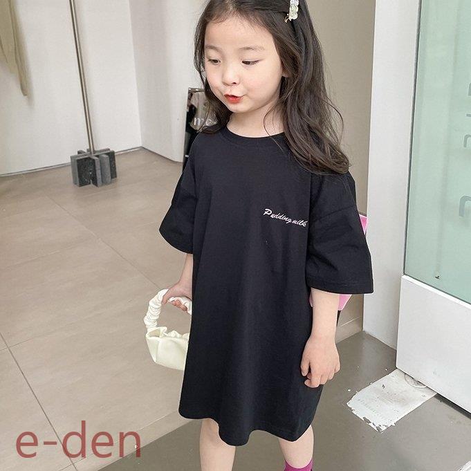 Tシャツワンピース 五分袖 膝下丈 子供服 女の子 キッズ ジュニア 黒 クルーネック Aライン リボン ゆったり かわいい おしゃれ カジュアル お｜e-den｜03