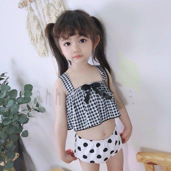 水着 女の子 帽子付き かわいい 子供 水着 UVカット チェック柄 水玉 ドット ビキニ ブラック ホワイトポップ お出かけファッション お洒落 カラフル /[akx05]｜e-den｜05