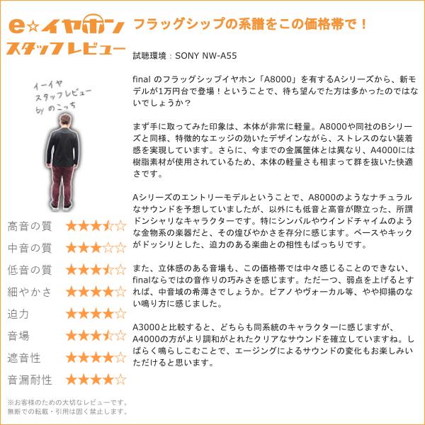 final A4000 ファイナル 有線イヤホン カナル型 耳掛け型 シュア掛け リケーブル対応 2Pin (送料無料)の画像