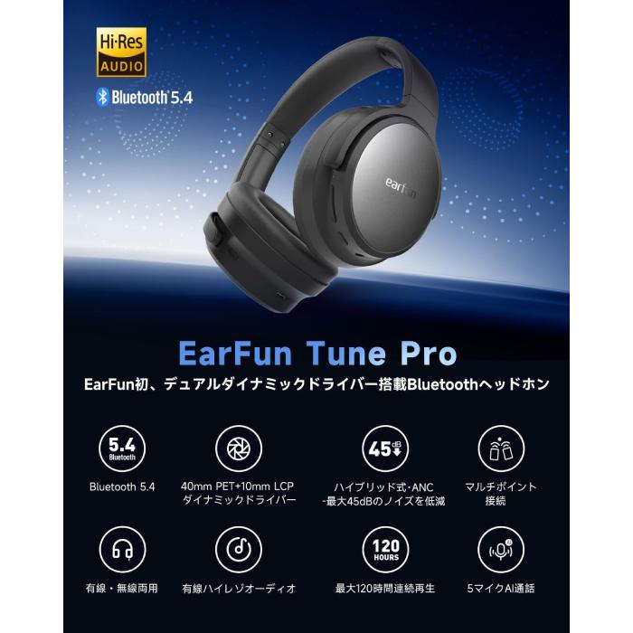 EarFun Tune Proワイヤレスヘッドホン 新品未開封 EarFun Tune Pro - Black ワイヤレス ヘッドホン Bluetooth ノイズ