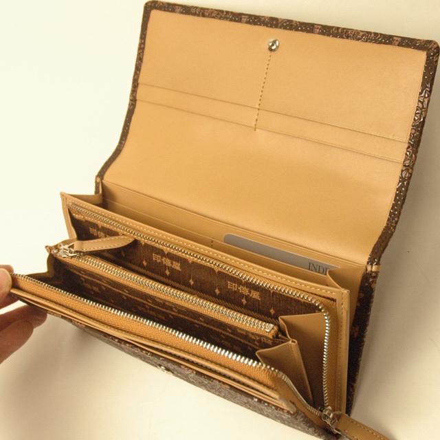 【未使用品】印傳屋 フォルキィ 鹿革 本革 レザー 長財布 ブラウン 花柄 未使用品】印傳屋 フォルキィ 鹿革 本革 レザー 長財布 ブラウン