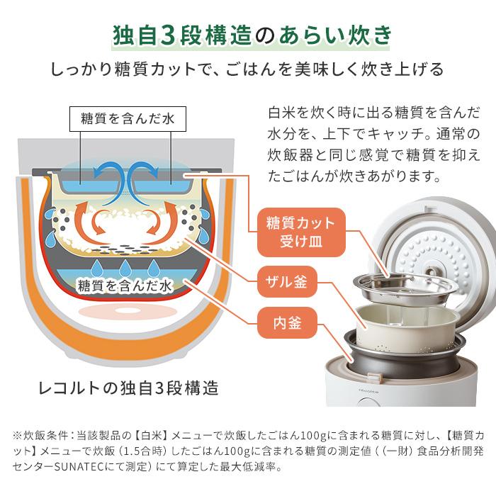 レコルト recolte ヘルシーライスクッカー RHR-1 炊飯器 糖質カット レシピ付き 3.5合 低糖質 糖質制限 炊飯 白米 玄米 おかゆ ヘルシー｜e-goods｜05