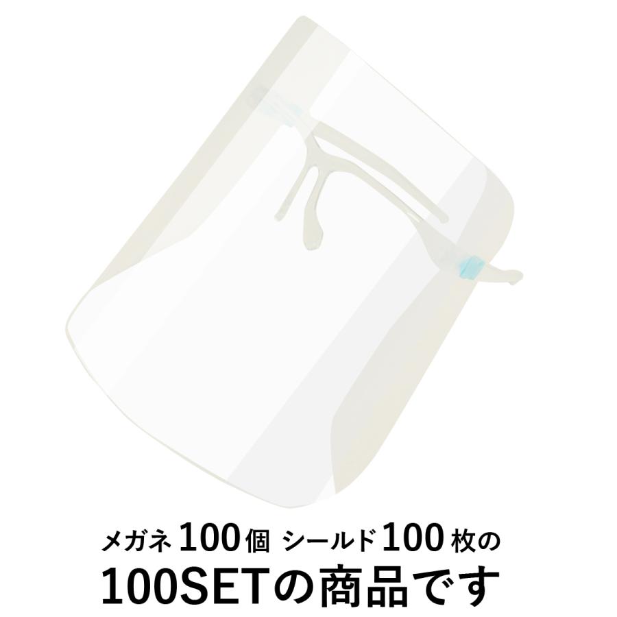 【セット商品】フェイスシールドめがね型 100枚セット 男女兼用 フリーサイズ メガネ＋交換用シールドSET 軽量 高透明 使い捨て 介護