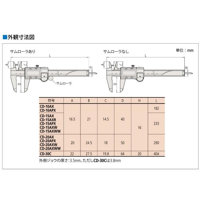 ミツトヨ 500-156-30 CD-20AXW ABSキャリパ 測定範囲最大：200mm 