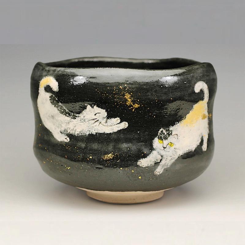 吉村楽入　2022年初春作品　黒釉　猫の絵