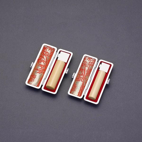 印鑑セット／実印・銀行印2本セット／牛皮付-S-上柘・アカネ-15mm12mm／上彫り職人の完全手彫り