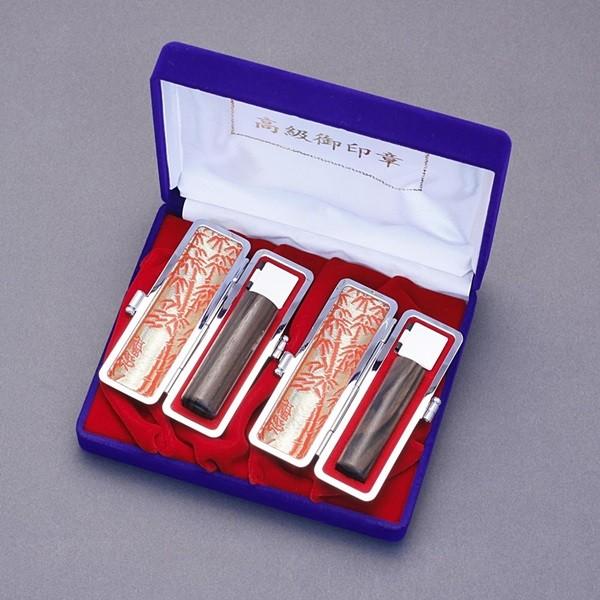 印鑑セット／実印・銀行印2本セット／印伝+Sケース付-S-黒檀-15mm12mm／熟練職人の手彫り仕上げ