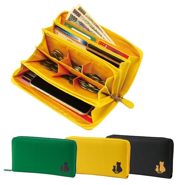 しっかり仕分けネコプリント6室長財布 イエロー グリーン ブラック | 
