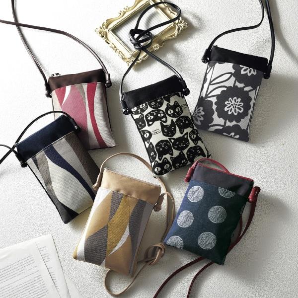 パンクリエーション 尾州織生地スマホポシェット キャット デニムドット ネイビー系 フラワー マスタード系 レッド系 | 