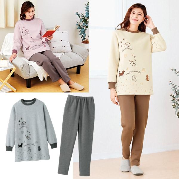 あったか裏起毛にゃんこパジャマ ピンク系 ベージュ系 杢グレー系 M L LL | 