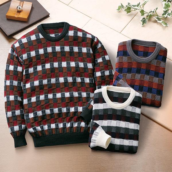 タスマニアンウール100％格子柄ジャカードセーター M L LL | 