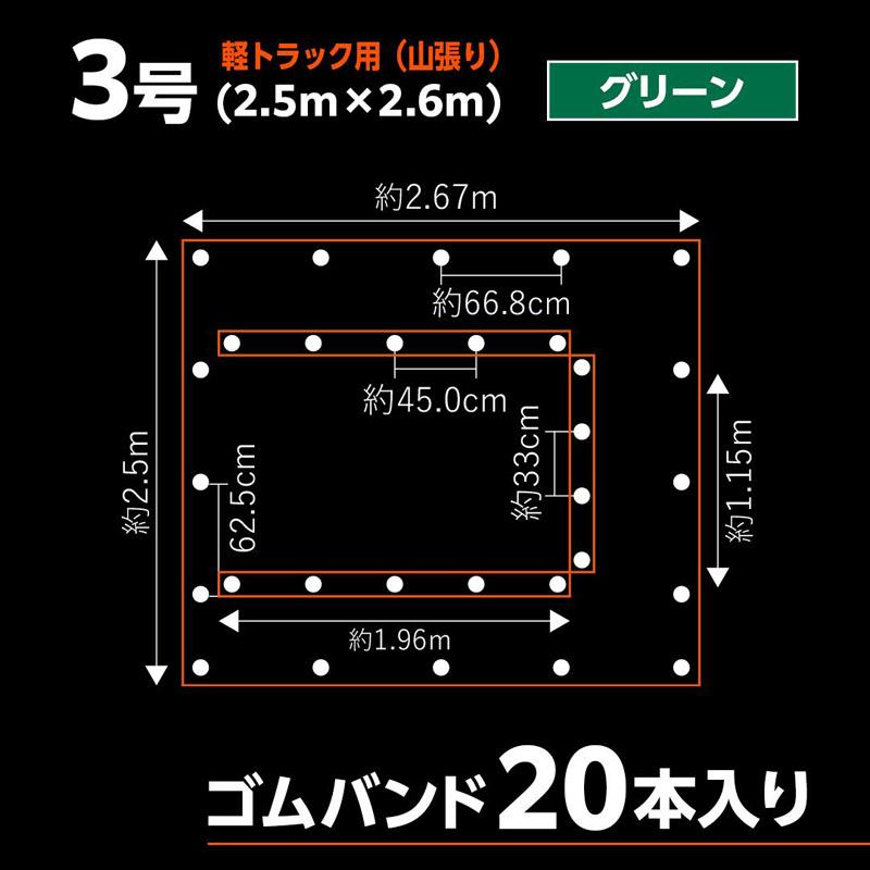 軽トラック 荷台シート ターピー エステル帆布 トラックシート 3号 2.5m×2.6m グリーン 1枚単位 ゴムバンド20本・ペケット付 加工日本 ハトメ付 耐候性約5年の画像