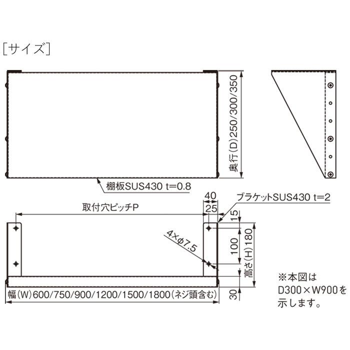 水切りラック ステンレス 水切り棚 PFプレート棚 1段タイプ 横1500×奥行300×高さ180mm 1台単位 研磨仕上げ SUS430 壁面収納 厨房 業務用の画像