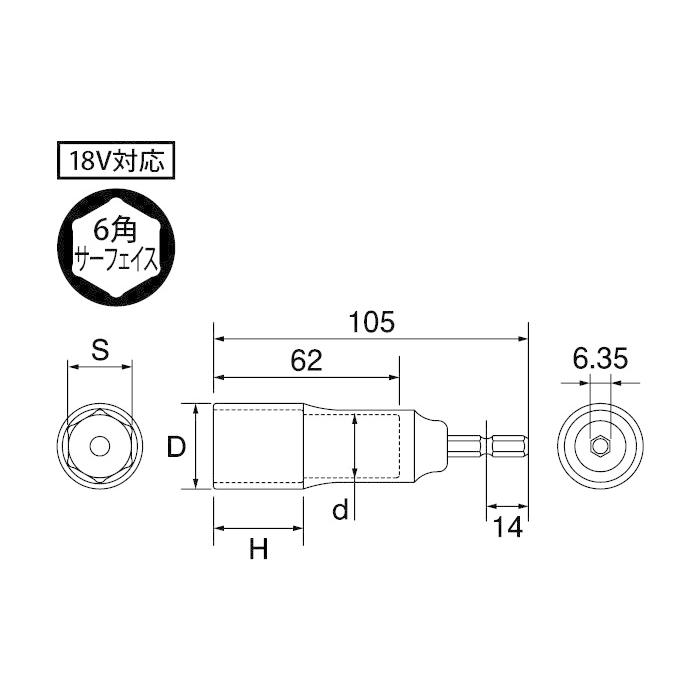 建築 型枠 解体 電動ドリル用 六角ソケット 19mm 全長105mm 1本 建築 型枠 解体 電動ドリル用 六角ソケット 19mm 全長105mm 1本