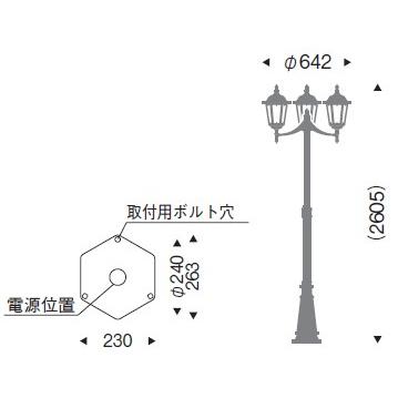 ガーデンライト ポール灯 庭園灯 LEDランプ付 3灯タイプ 白熱球40W形相当 防雨型 直径642×高さ2605mm 照明器具｜e-housemania｜02