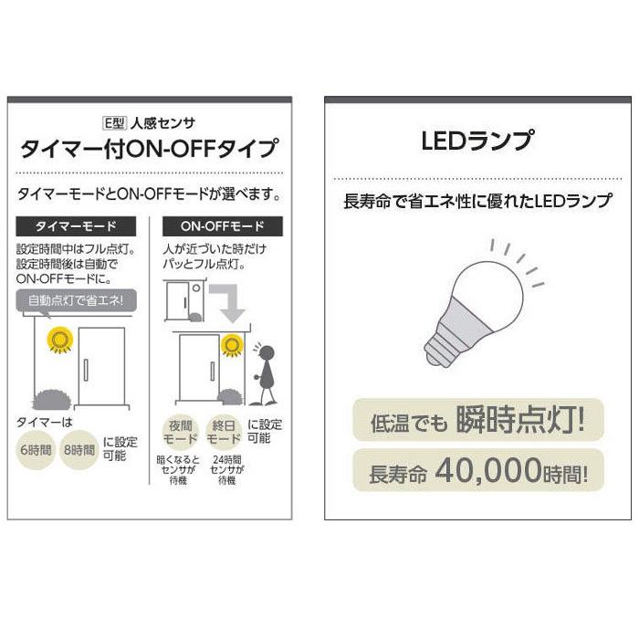 屋外　照明　スポットライト　LED付　ON-OFFタイプ　シルバーメタリック　防雨型　タイマー付　散光　白熱球100W相当　人感センサー付　照明器具