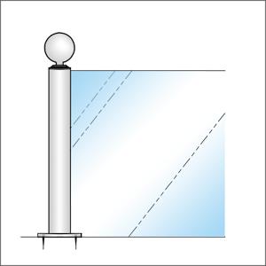 ガラススクリーンポール（ブースバー） Sタイプ 角二方 32mm x L250mm ボール頭45 丸座固定（65mm）クローム_1