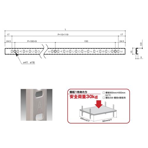 ステンレス棚柱 KTR-1S 1819mm ヘアライン 4本セット（棚受24個、ビス44本付）｜e-kanamono｜02