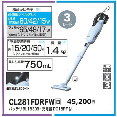 掃除機 コードレス マキタ 充電式クリーナ CL281FDRFW 18V-3.0Ah 正規
