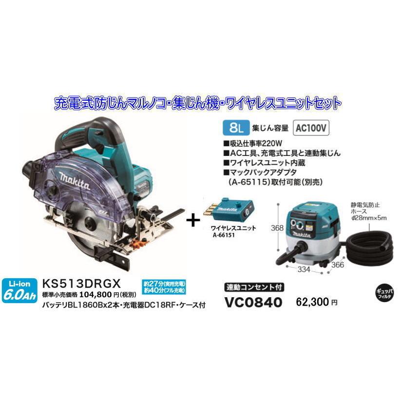 マキタ 充電式防じんマルノコKS513DRGX・集じん機VC0840