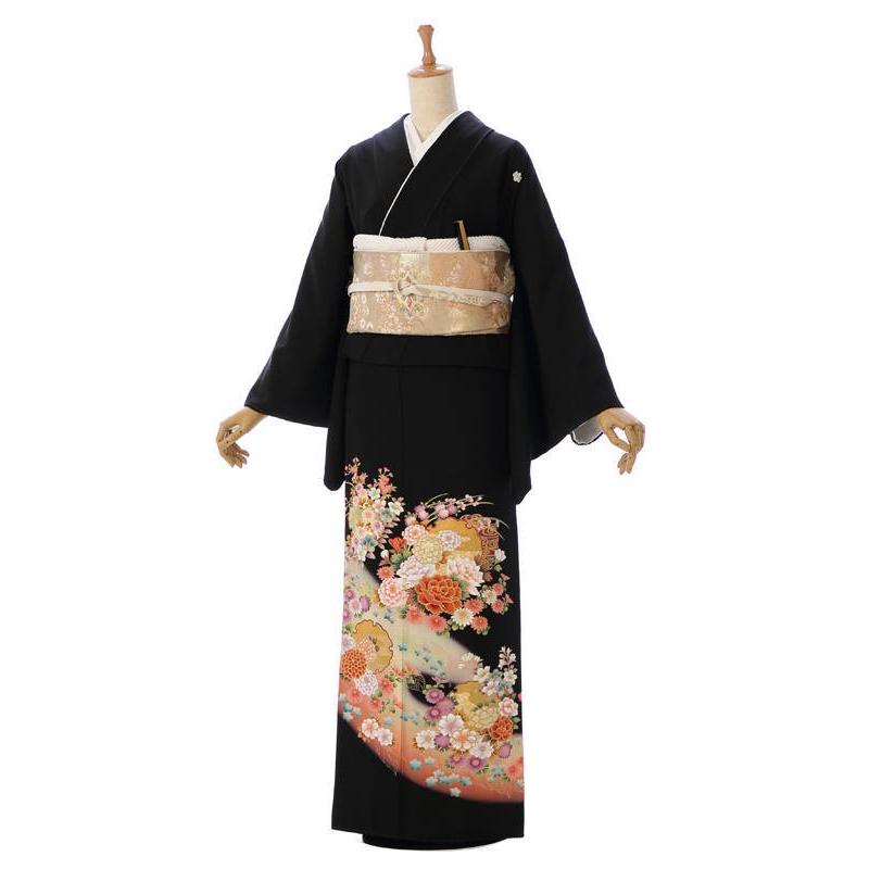 黒留袖 正絹|Mサイズ|四季花に花雪輪柄の黒留袖フルセット HAAC050 : e
