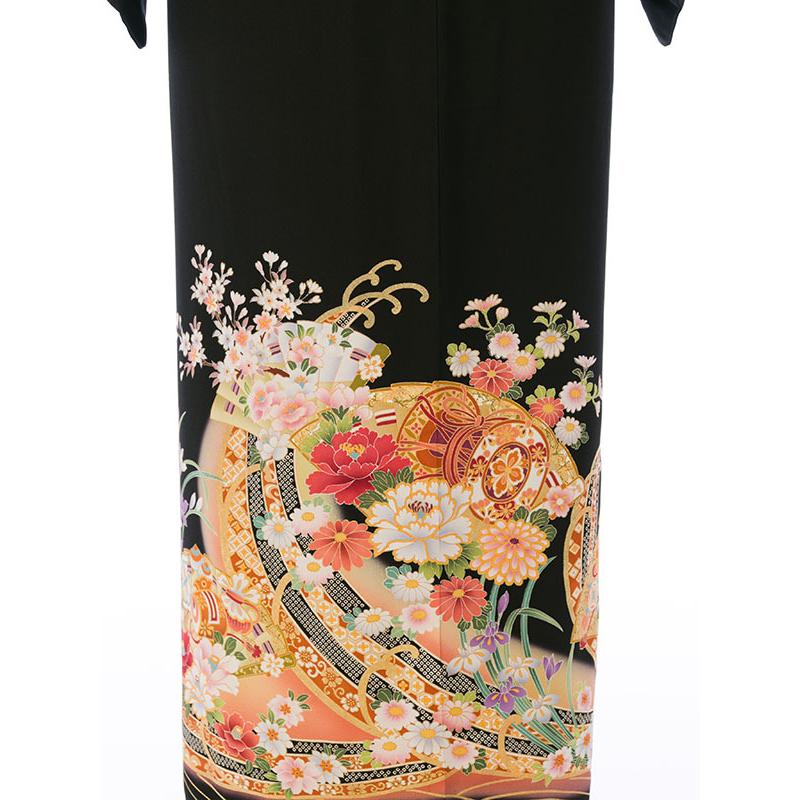 黒留袖 正絹|Mサイズ|檜扇に鼓 四季花柄の黒留袖フルセット 黒留袖 正絹|Mサイズ|檜扇に鼓 四季花柄の黒留袖フルセット