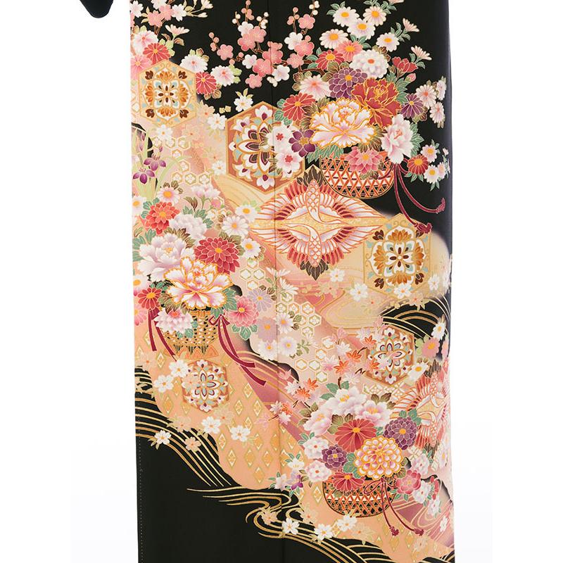 黒留袖 正絹|Mサイズ|向かい鶴菱 花籠 道長柄の黒留袖フルセット