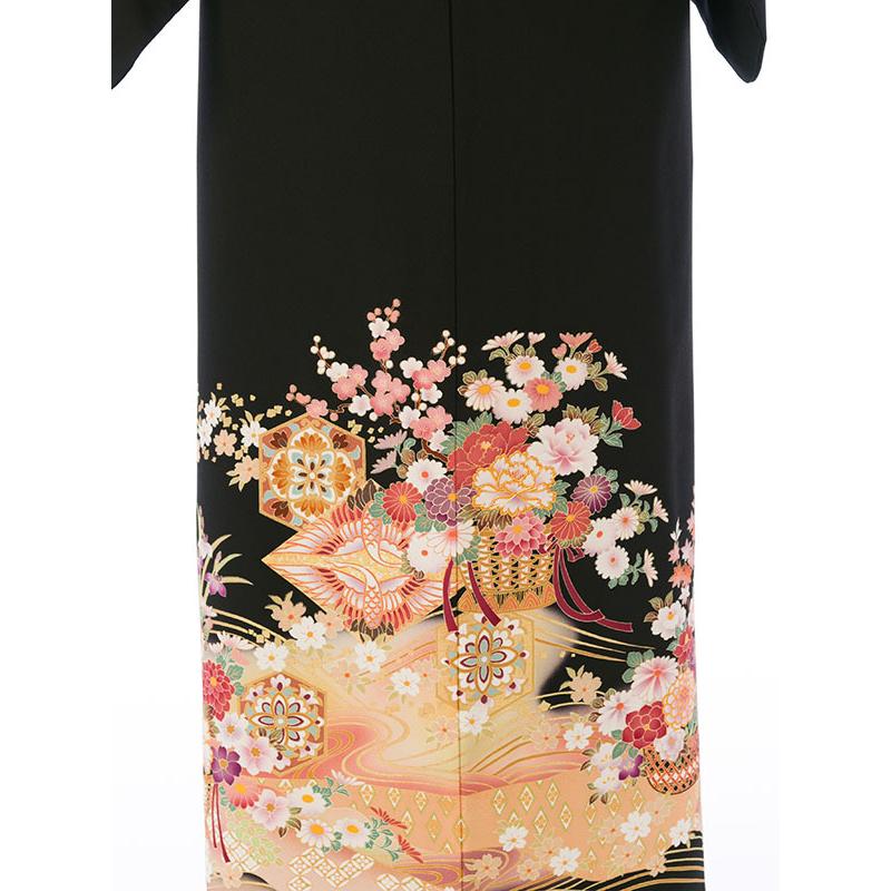 黒留袖◆ 袷　作家もの　落款付き　花籠　姫 黒留袖 正絹|Mサイズ|向かい鶴菱 花籠 道長柄の黒留袖フルセット