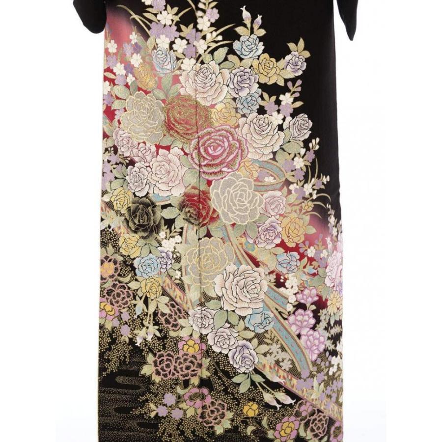 黒留袖|桂由美|Mサイズ|薔薇ブーケ 金彩銀彩 金糸刺繍柄の黒留袖フル 