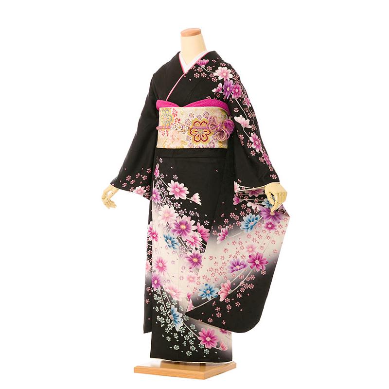 【152~160センチぐらいの方が適応サイズ】振袖フルセット 2〜12月】正絹振袖|着物レンタル|153〜160cm|振袖フルセット(黒系