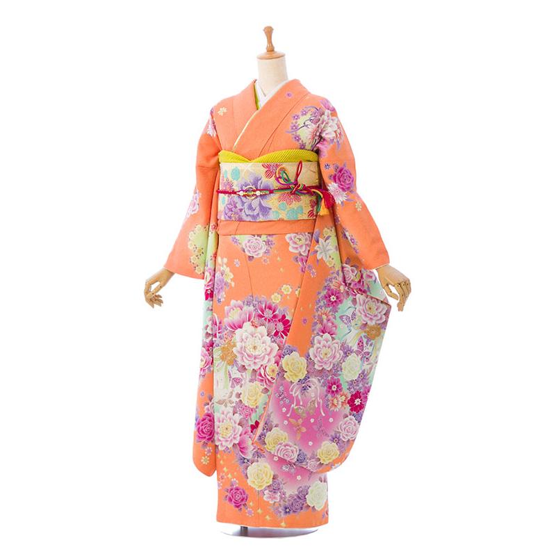 2〜12月】正絹振袖|着物レンタル|155〜165cm|振袖フルセット(オレンジ